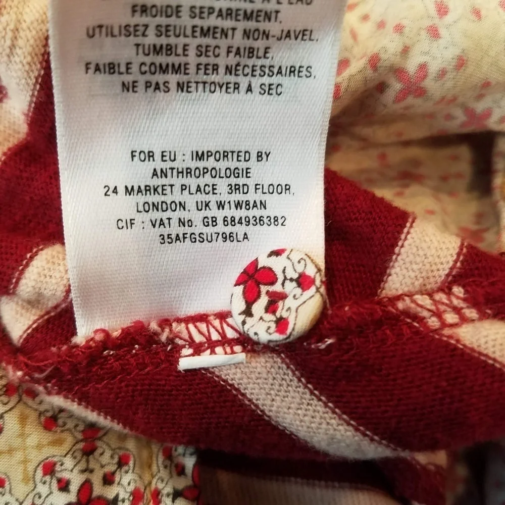 Postmark Anthropologie Fairley Tunic Red Striped Floral Hem Roll Tab Sleeve Top